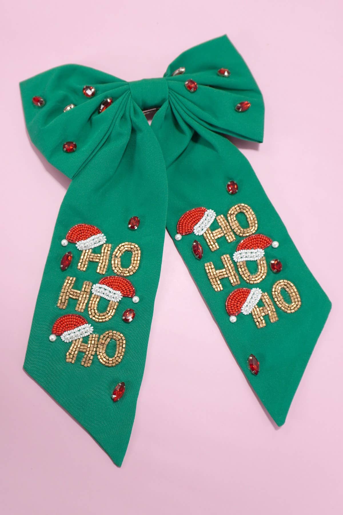 GREEN CHRISTMAS HO HO HO BOW SEED BEAD HAIR CLIPS