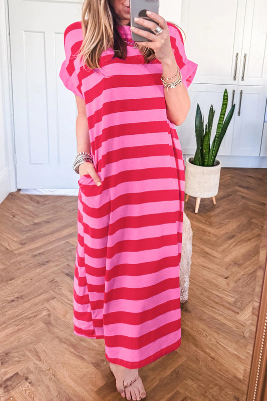 Pink Stripe Cuffed Short Sleeve Pocketed Casual T-Shirt Maxi Dress
