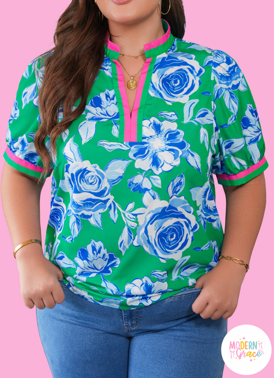 Green Floral Print Short Puff Sleeve Plus Size Top