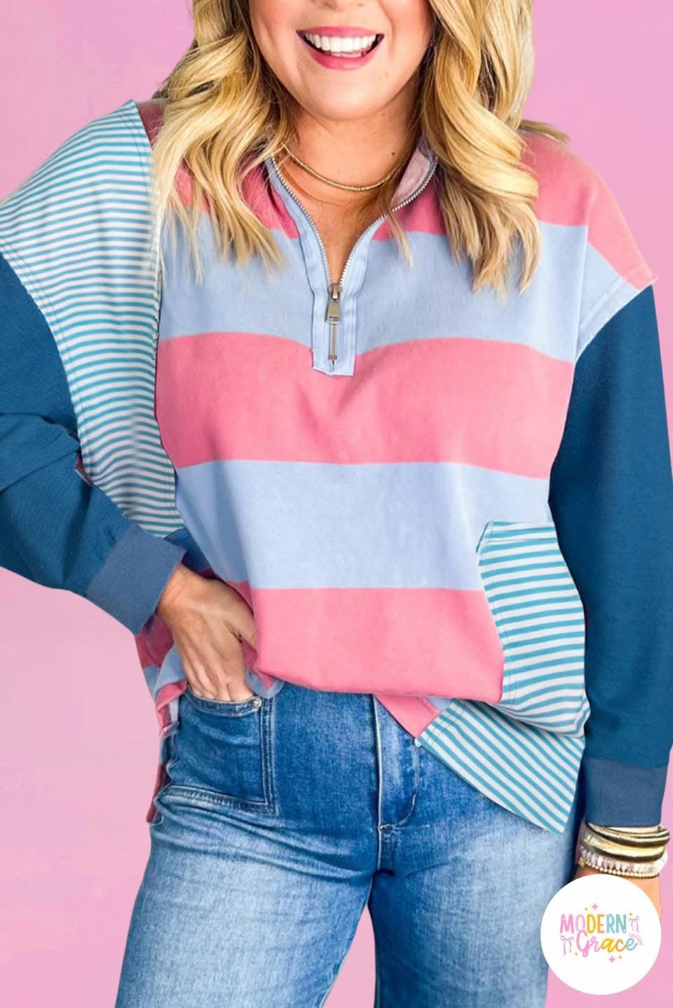 Blue Stripe Colorblock Patchwork Zip up Plus Size Pullover (Warehouse Exclusives - Online only)