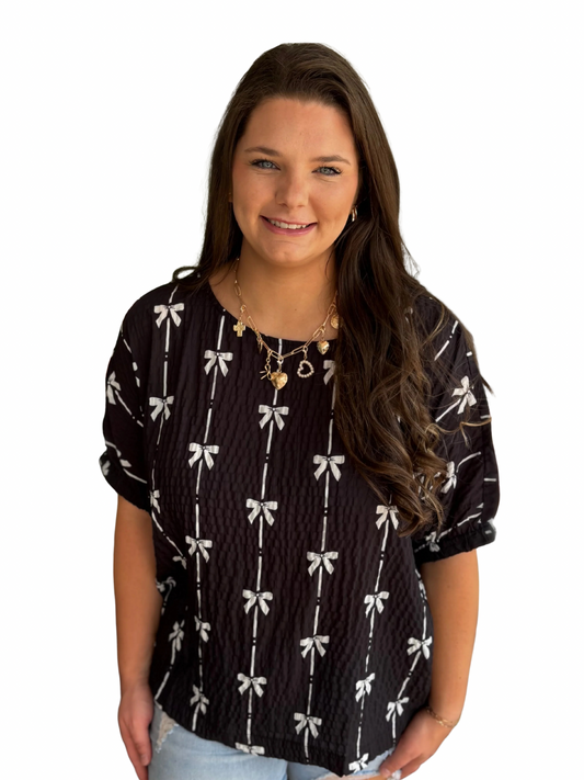 Black Bow Print Puff Short Sleeve Top