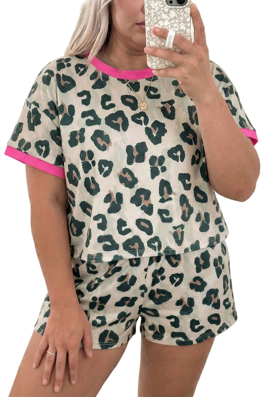 Plus size brown leopard print color block short sleeve 2-piece set by Modern Grace, featuring stylish top and matching shorts.