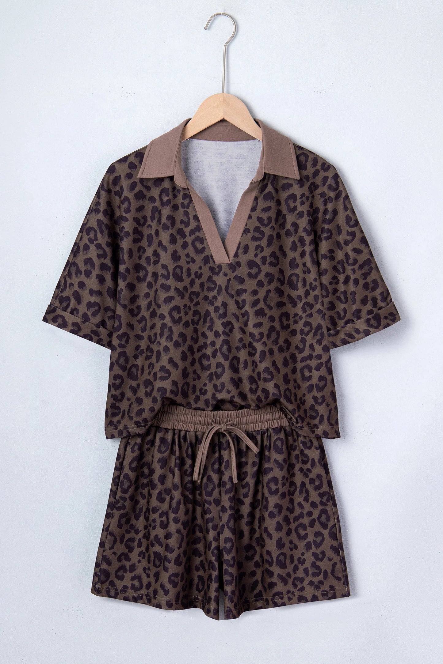 Brown leopard print V-neck high waist two-piece short set by Modern Grace, featuring a stylish matching top and shorts ensemble.
