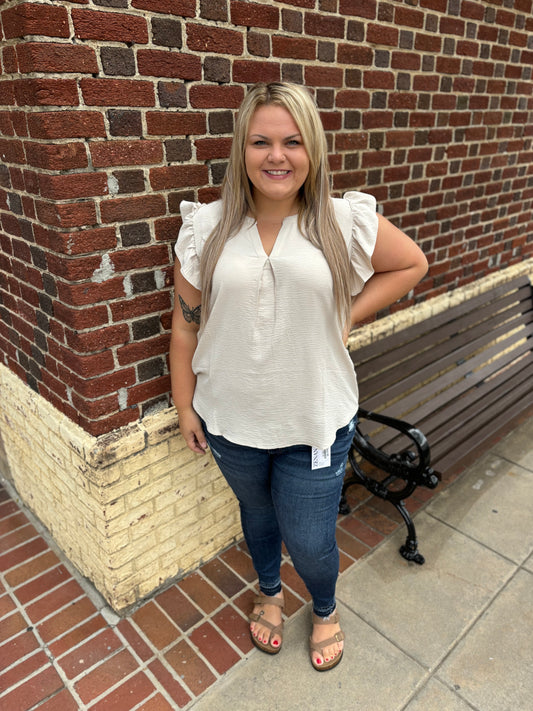 CURVY BEIGE RUFFLED SLEEVE HIGH LOW TOP