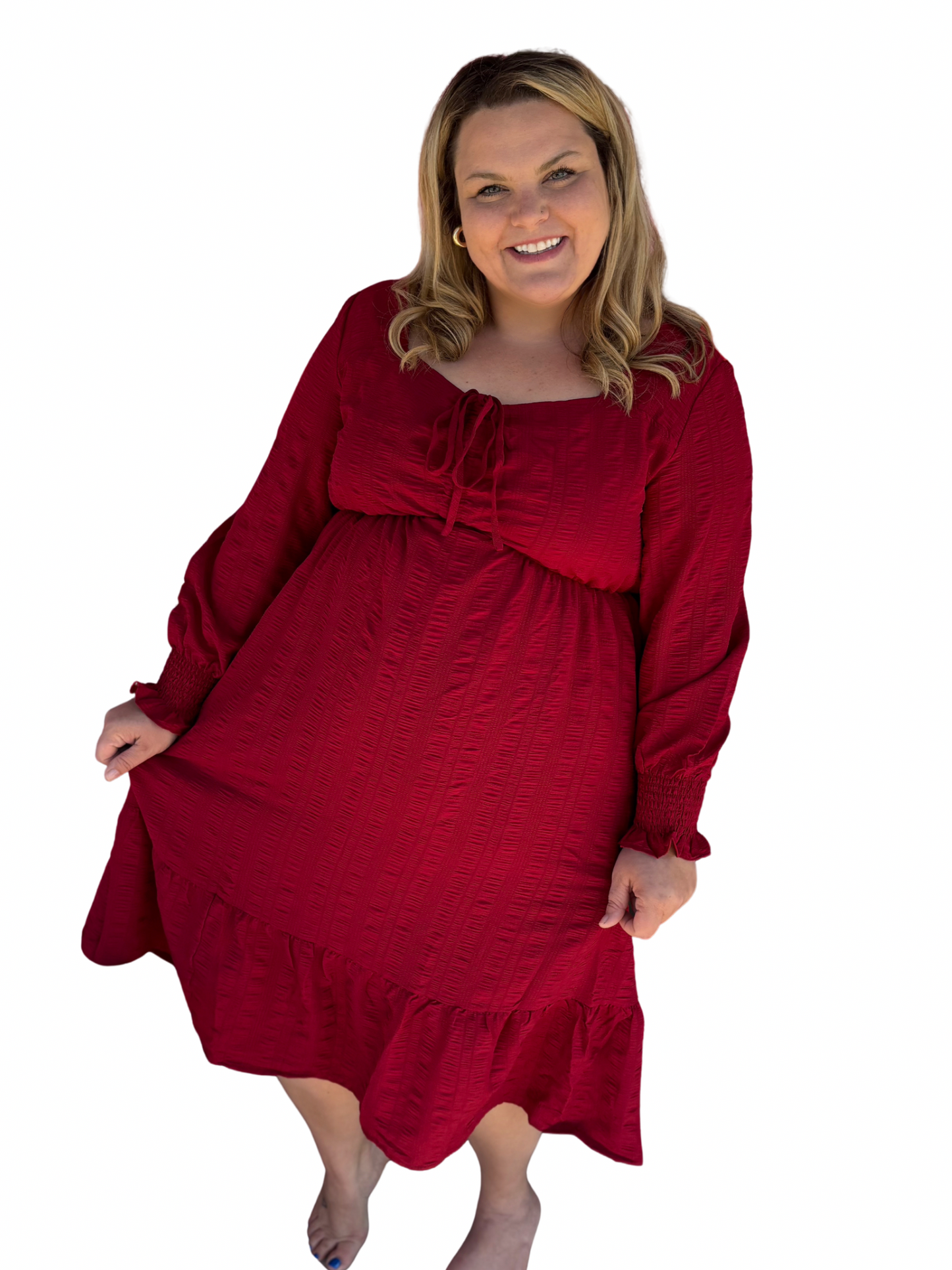 Curvy Burgundy Red Lace-up Long Sleeve Midi Dress by Modern Grace, featuring a fitted silhouette and elegant lace-up front detail.
