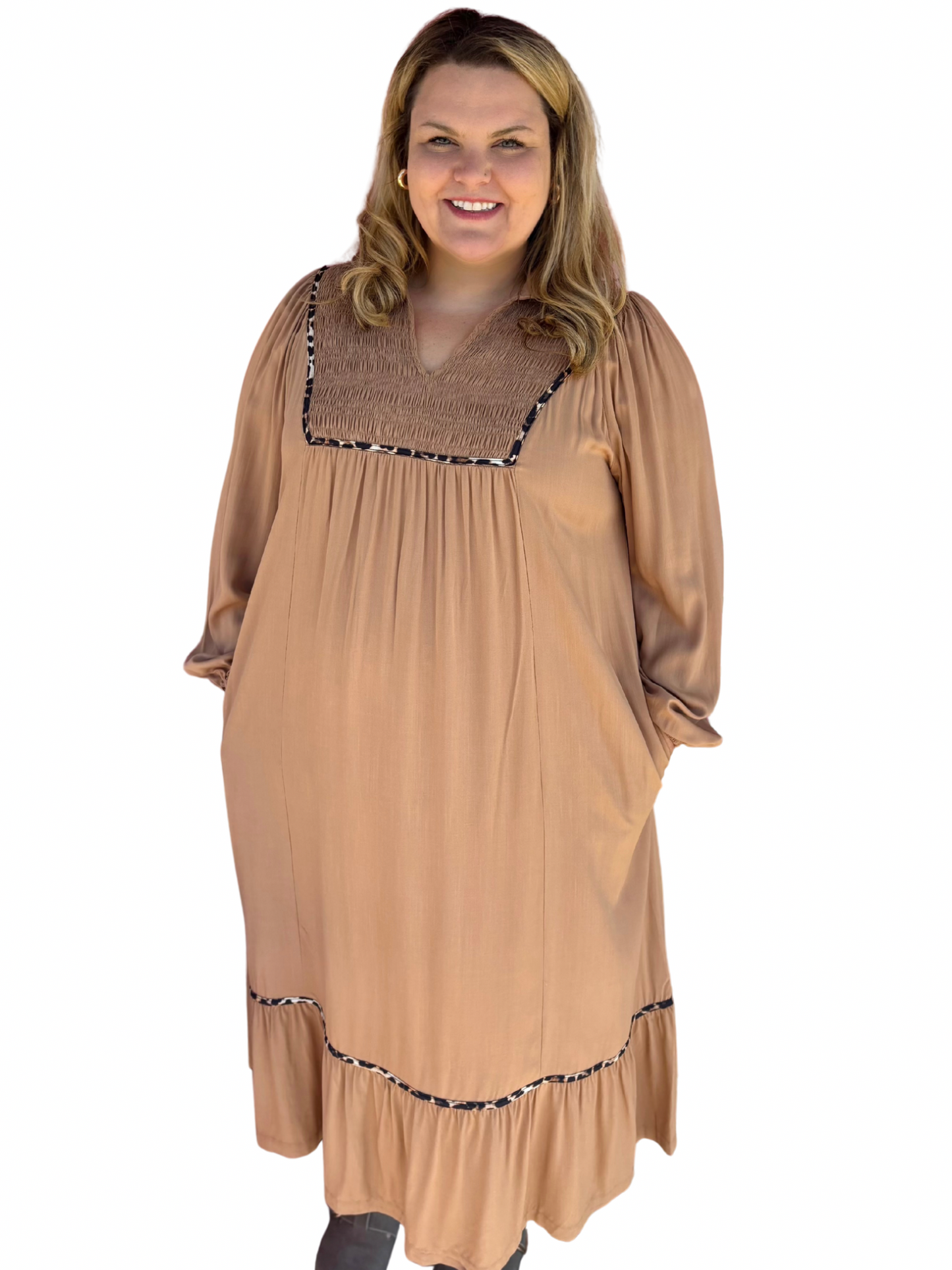 Curvy Mocha V Neckline Leopard Piping Accent Maxi Dress