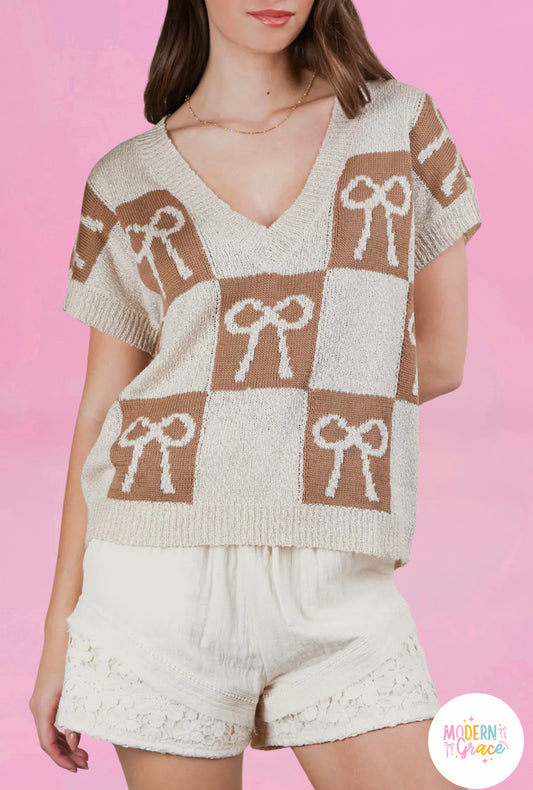 Brown Bow Knit Sweater Top