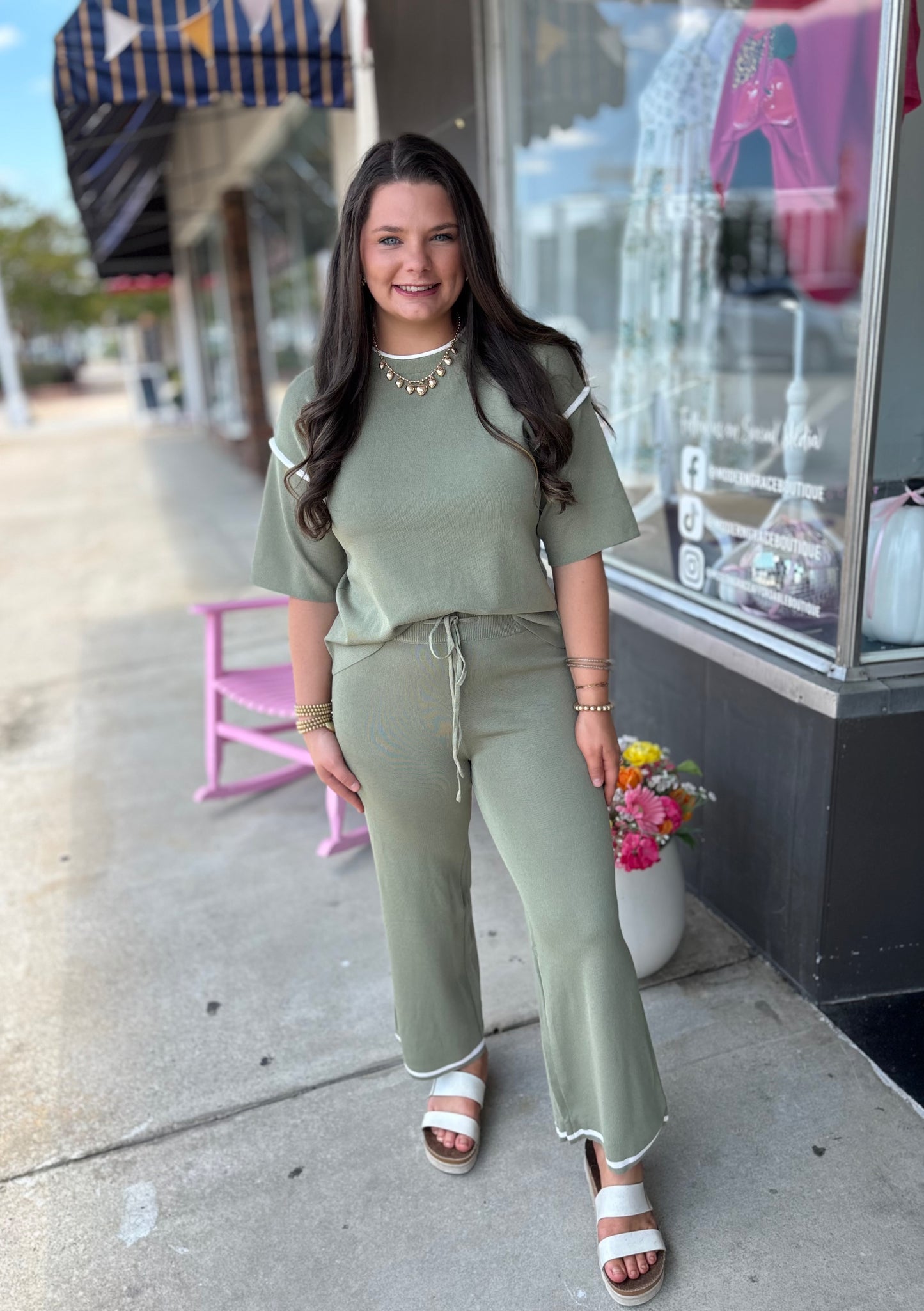 Green Trim Half Sleeve Top Drawstring Pants Loose 2pcs Sweater Suit (Online Only- Warehouse Exclusive)
