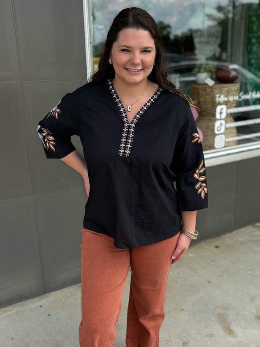 Black Bohemian Floral Embroidered V Neck Blouse