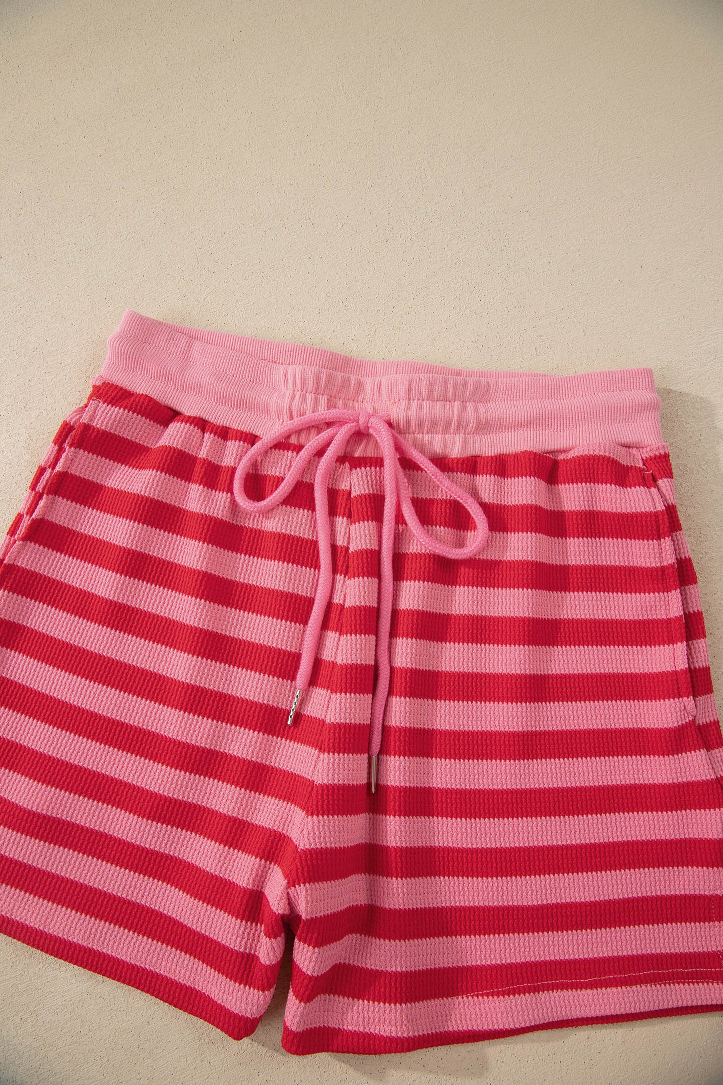 Modern Grace red stripe waffle knit puff sleeve top and shorts set, stylish two-piece outfit with cozy fabric and trendy design.