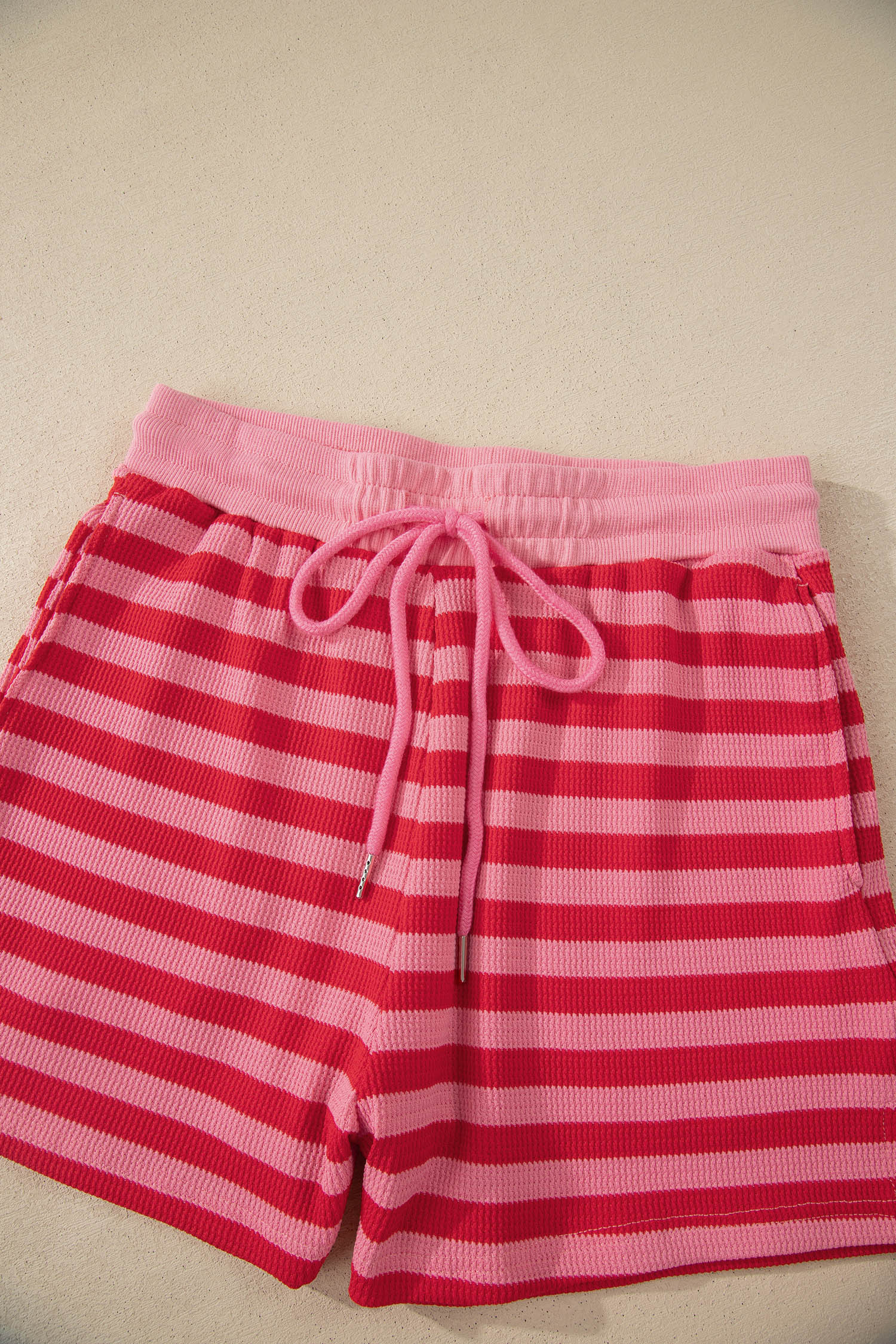 Modern Grace red stripe waffle knit puff sleeve top and shorts set, stylish two-piece outfit with cozy fabric and trendy design.