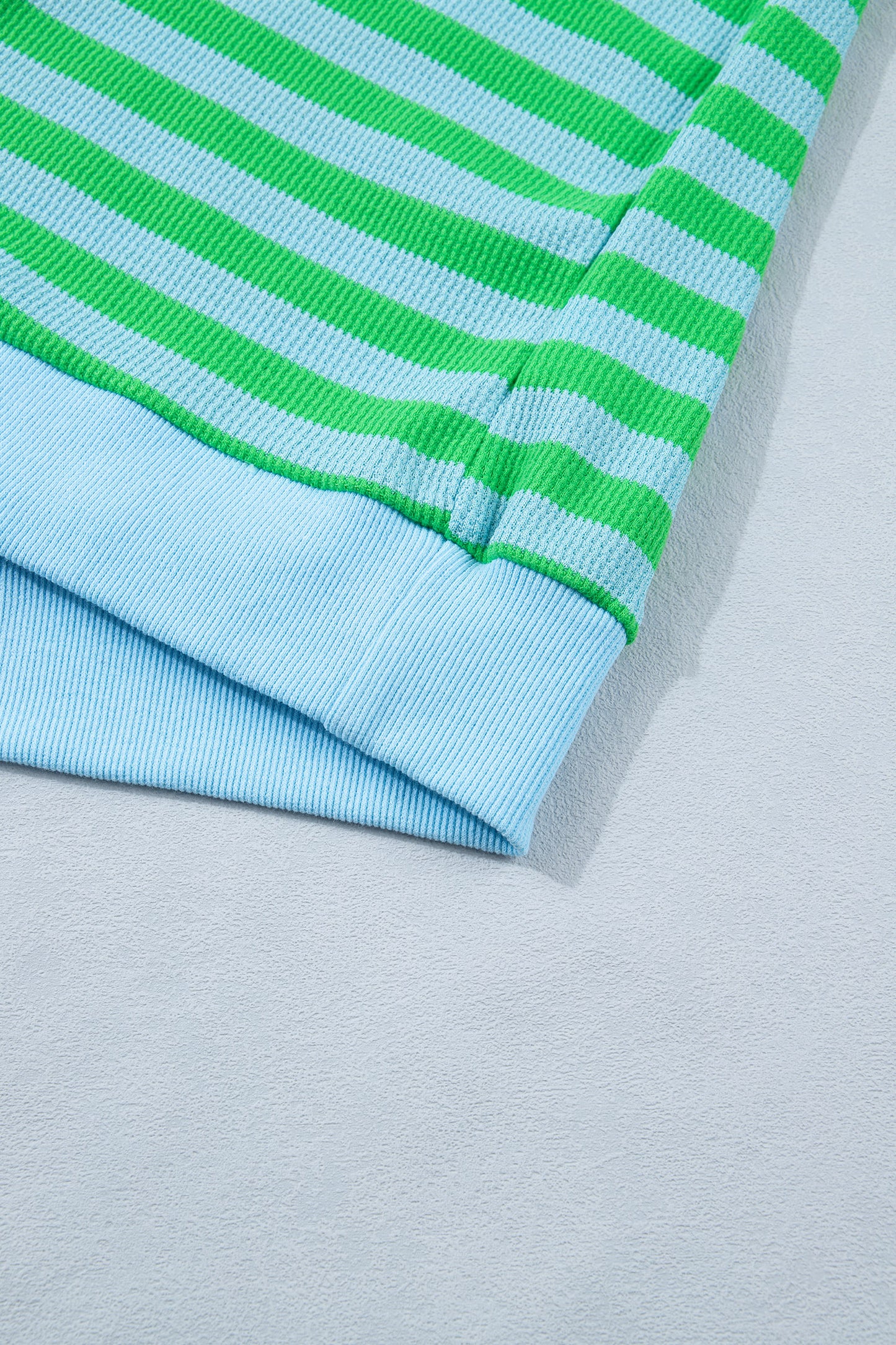 Modern Grace green stripe puff short sleeve T-shirt and matching shorts set, casual two-piece summer outfit.