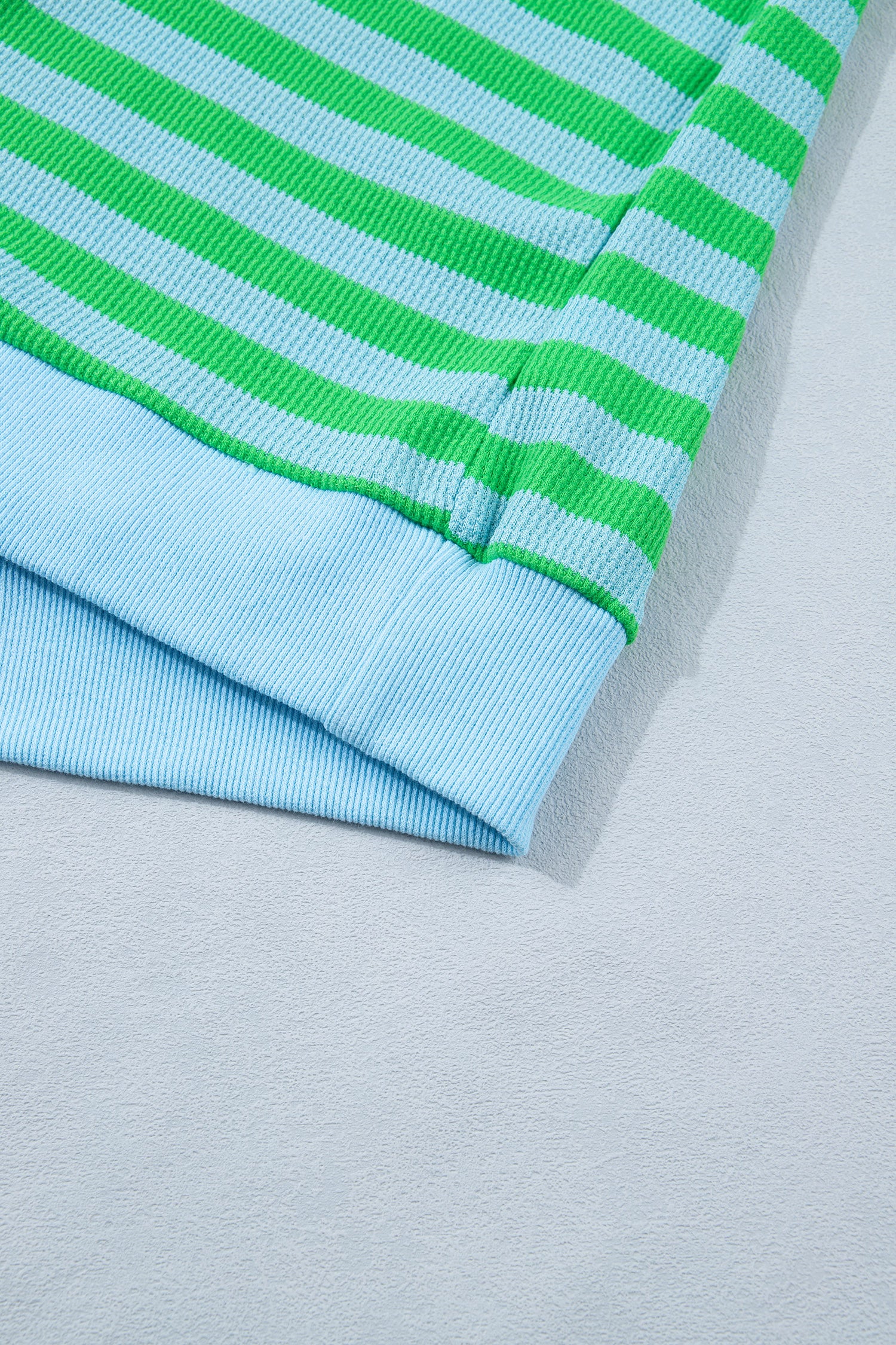 Modern Grace green stripe puff short sleeve T-shirt and matching shorts set, casual two-piece summer outfit.