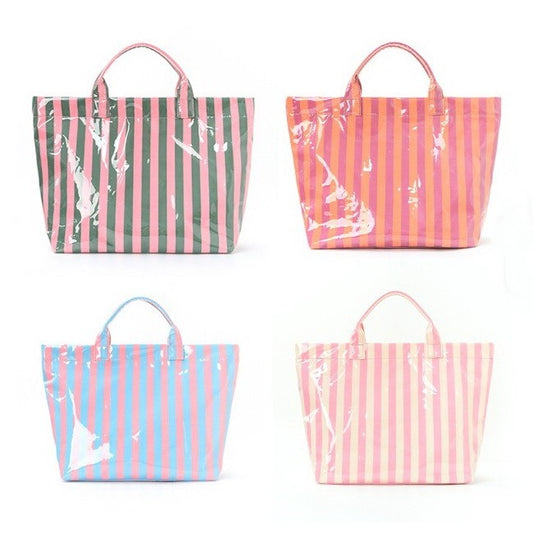 Large striped vinyl tote bag by Modern Grace, featuring bold horizontal stripes and sturdy handles for everyday use.