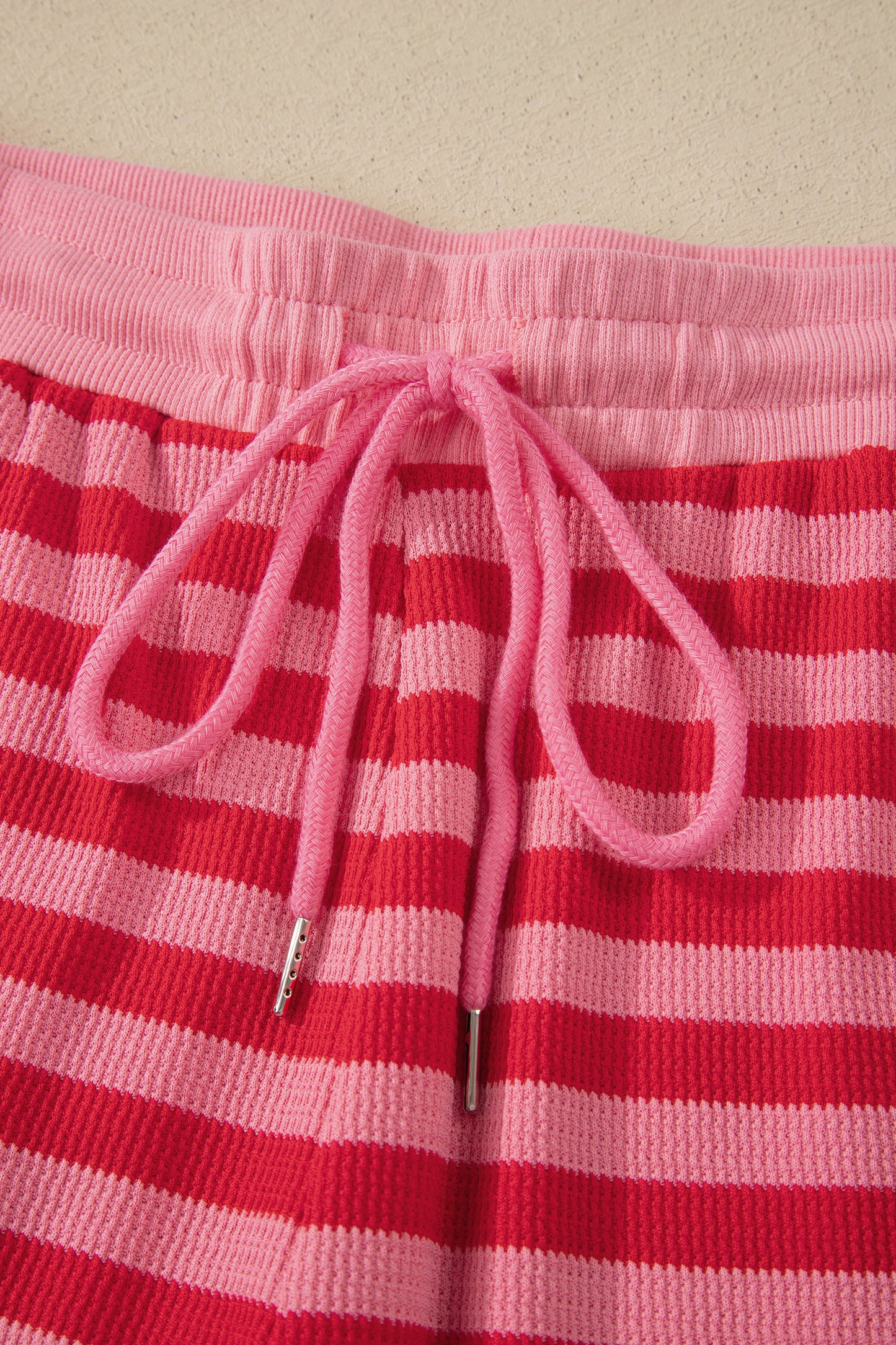 Modern Grace red stripe waffle knit puff sleeve top and shorts set, two-piece loungewear outfit with a casual, stylish look.