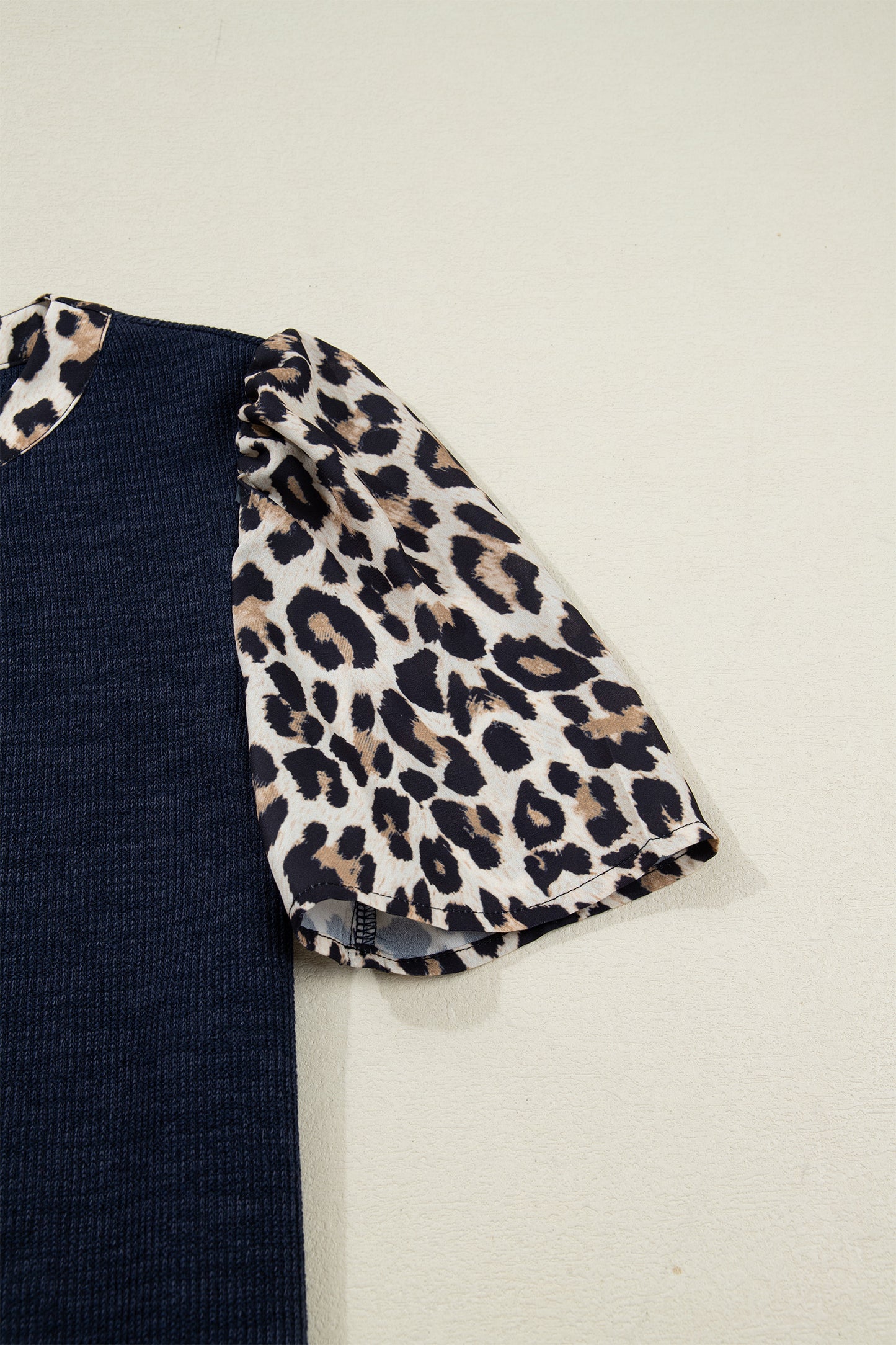 Ribbed Contrast Leopard Patchwork Short Sleeve Top