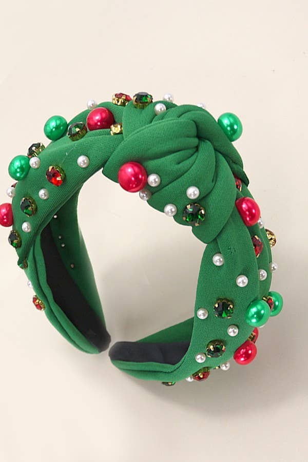 GREEN CHRISTMAS JINGLE BELL SEED BEAD HAIR BAND HEADBAND