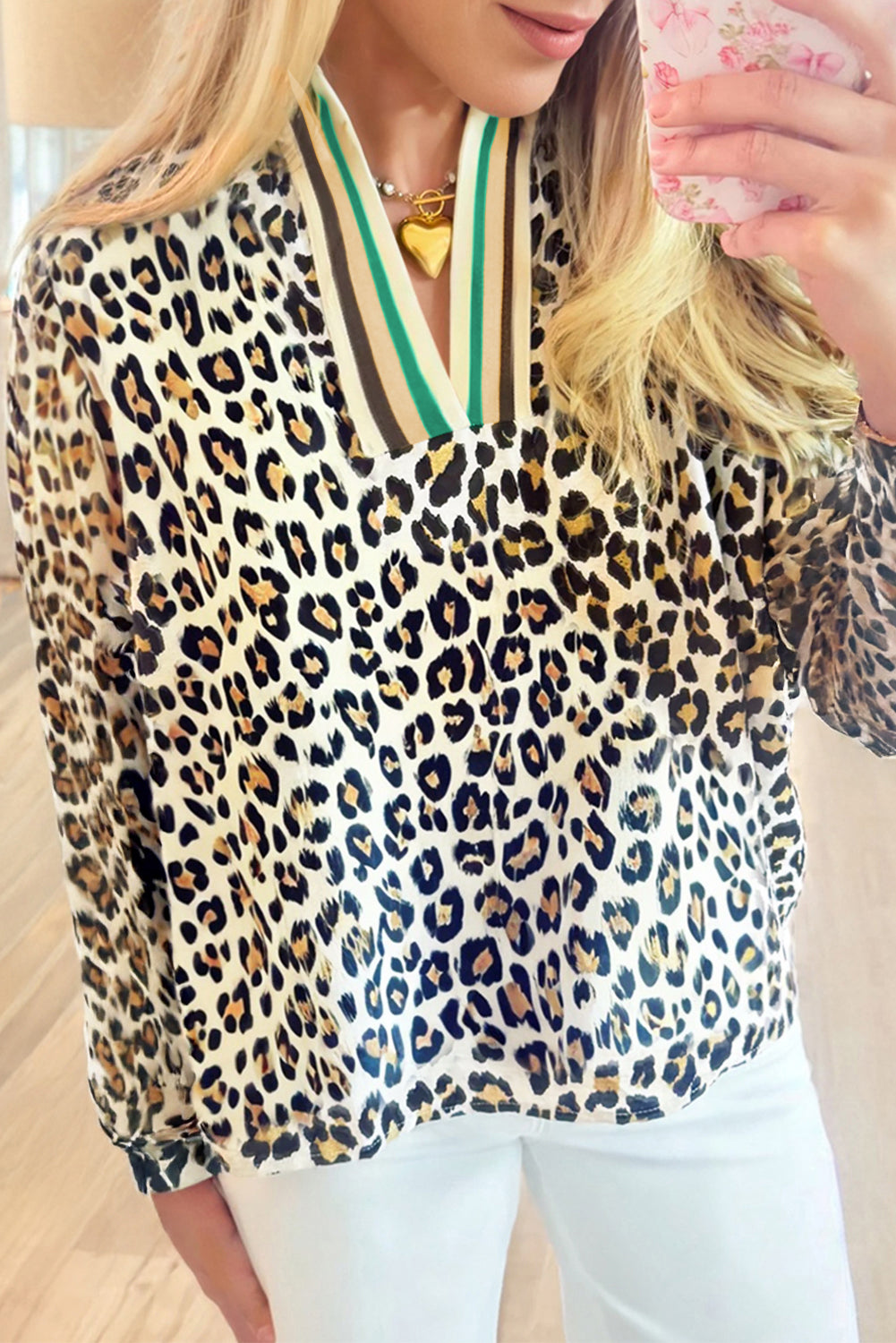 Khaki Leopard Print Contrast Striped V Neck Blouse (Warehouse Exclusives-Online Only)