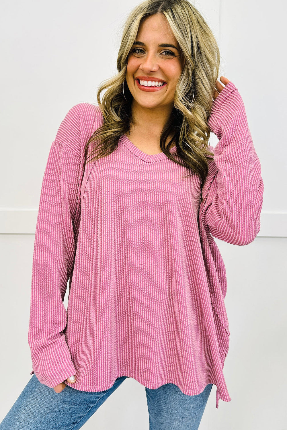 CURVY Pink Rib Texture Exposed Seam Loose Long Sleeve Top (Warehouse Exclusives - Online only!)
