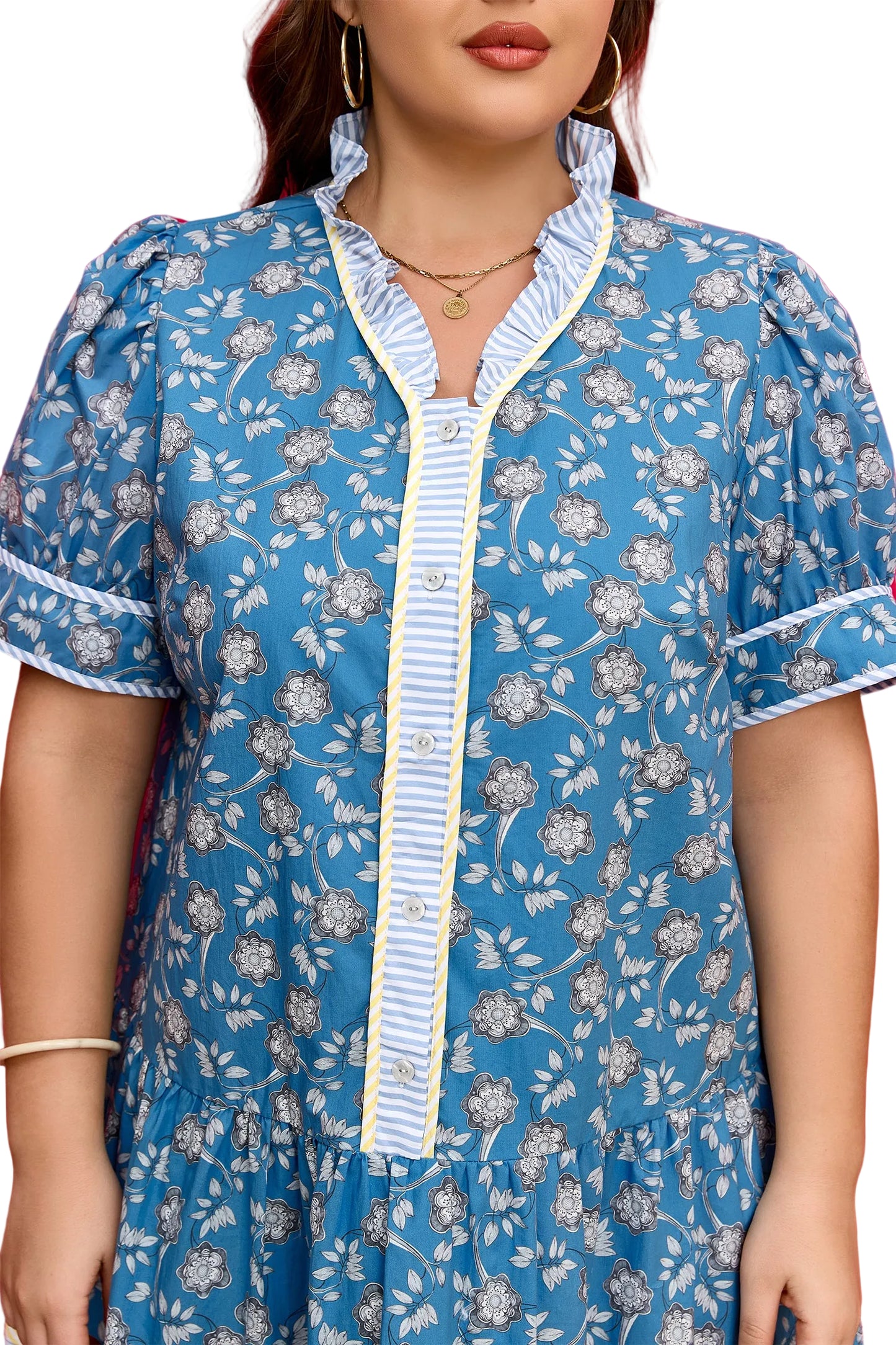 Plus size floral print striped patchwork dress by Modern Grace featuring button front and ruffle hem in blue.