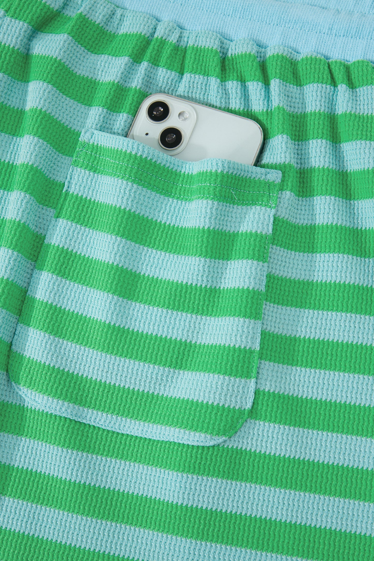 Green Stripe Plus Size Puff Sleeve Top & Drawstring Shorts 2pc Set