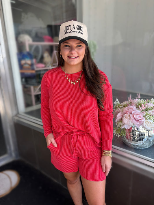 Curvy Red Raised Rib Long Sleeve Tee & Shorts Set
