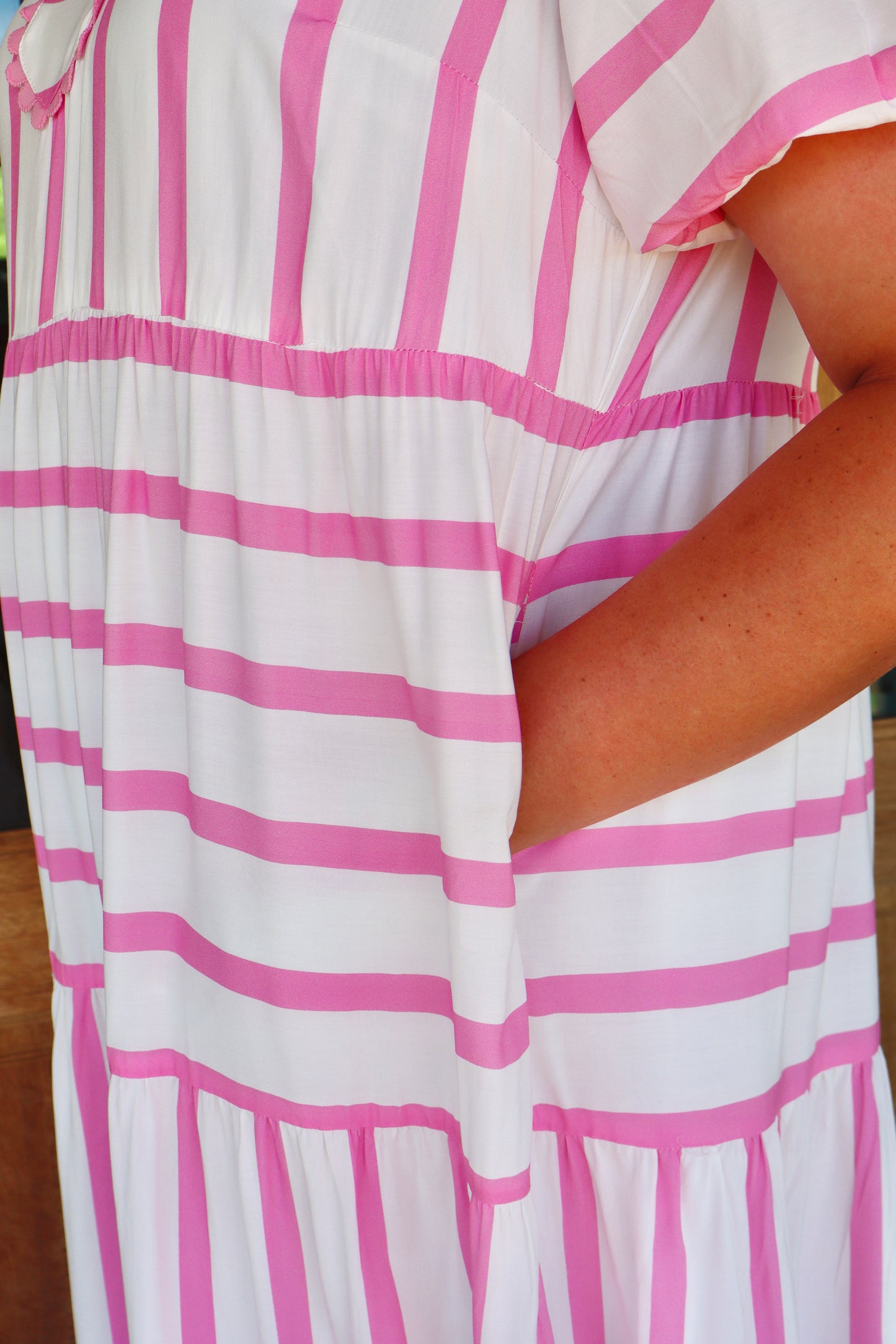Pink Stripe Plus Size V Neck Short Puff Sleeve Tiered Maxi Dress