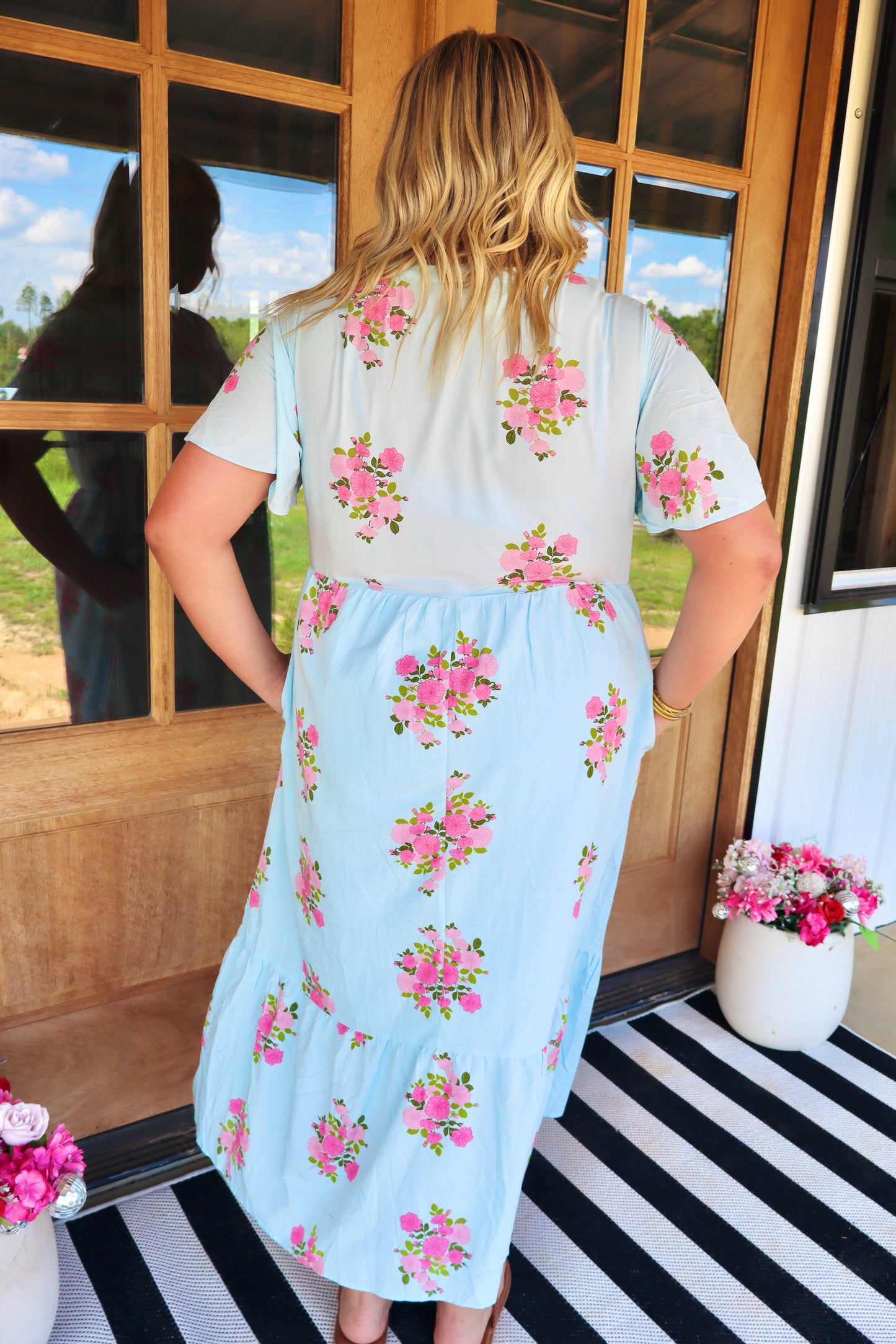 Sky Blue Plus Size Floral Print Scalloped Trim V-Neck Dress