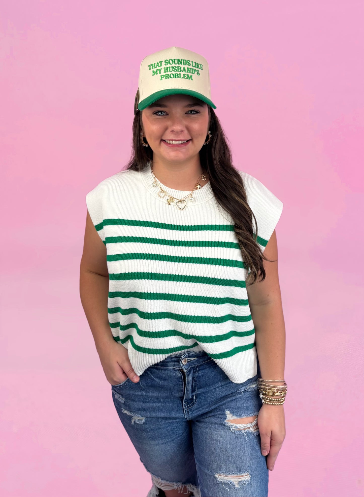 Kelly Green Oversized Crew Neck Stripe Sweater Vest