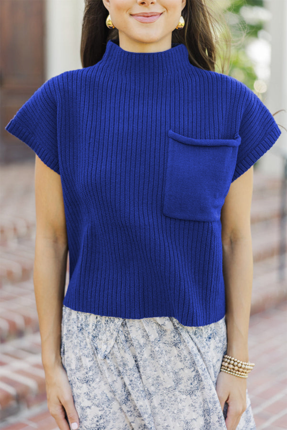 Dark Blue Pocket Ribbed Knit Short Sleeve Sweater Top (Warehouse Exclusives - Online only)