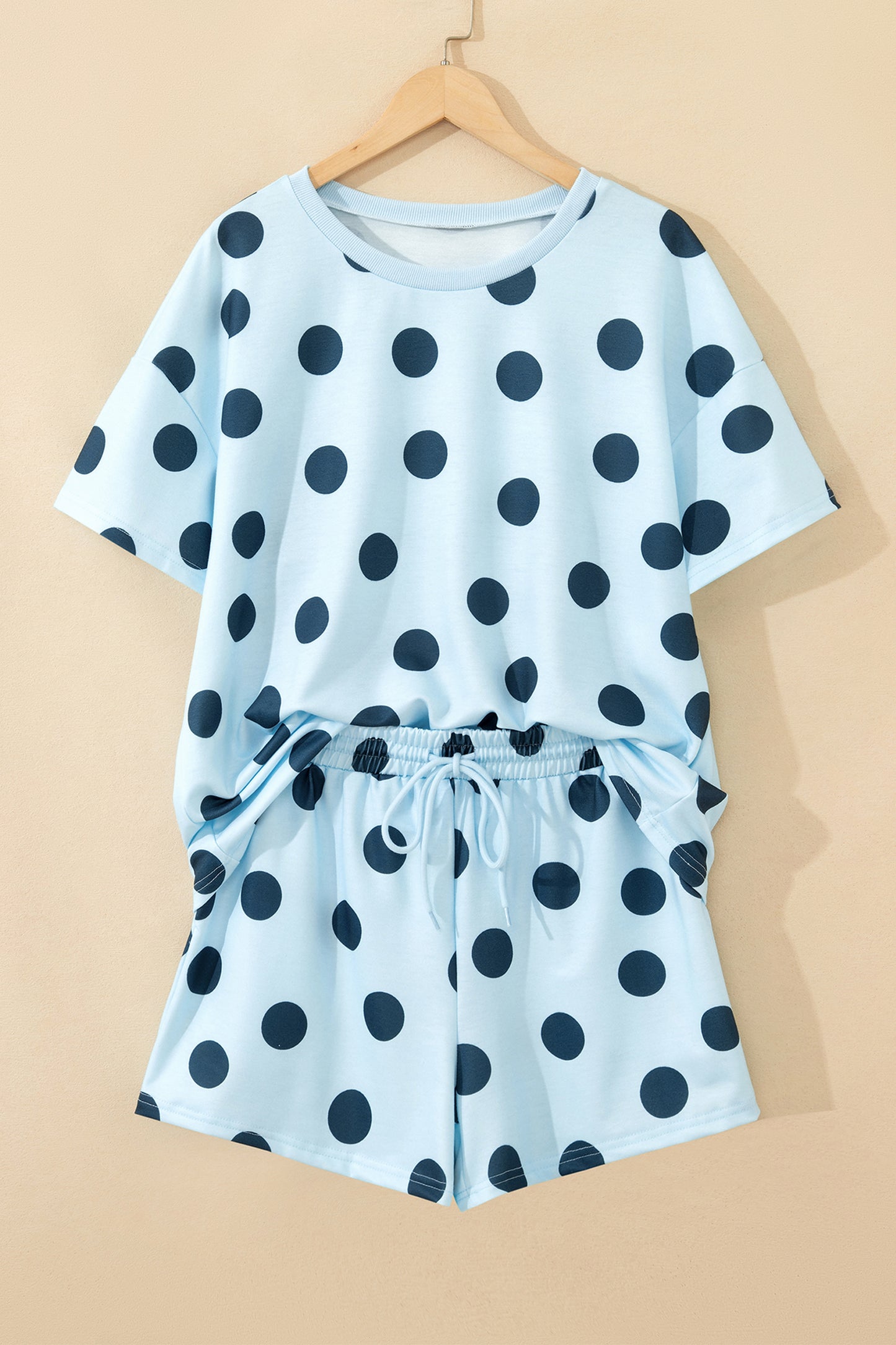 Polka Dot Print Loose Tee Drawstring Elastic Waist 2 Piece Short Set