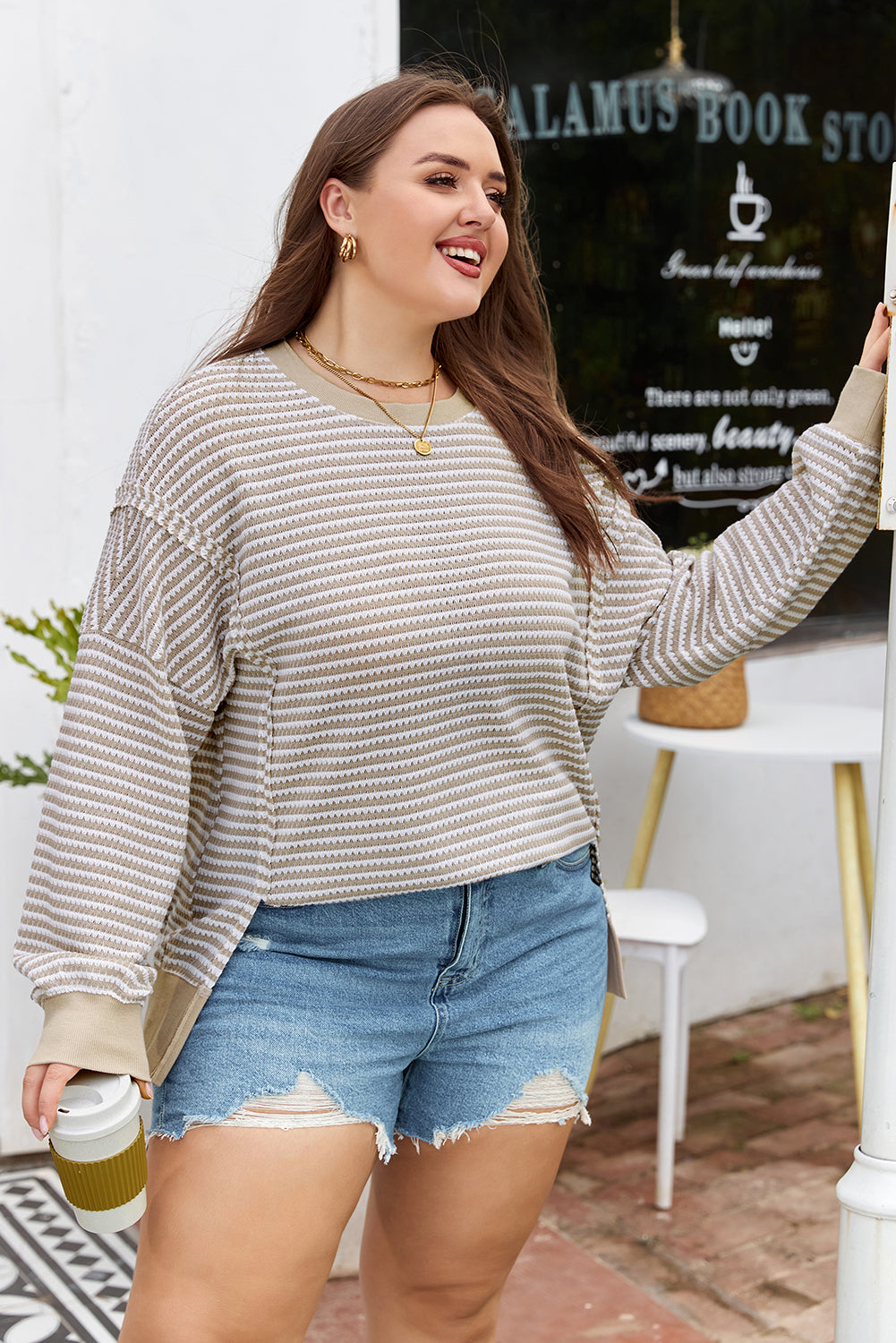 CURVY Brown Stripe Plus Size Breathable Knit Ribbed Trim Long Sleeve Top (Warehouse Exclusives - Online only!)