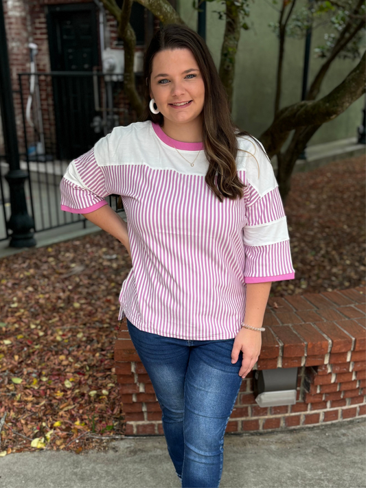 Pink Striped 3/4 Sleeve Oversize Top