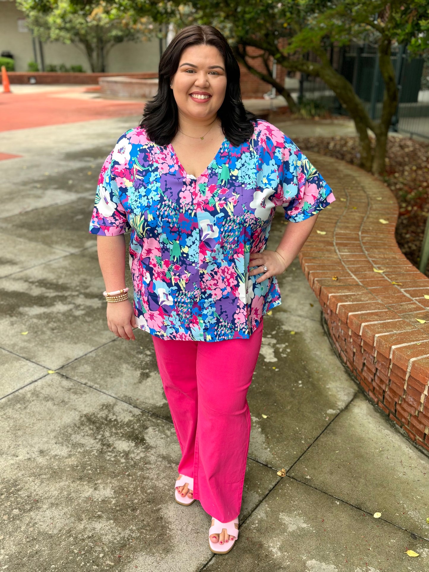 Curvy Hot Pink Raw Hem Wide Leg High Waist Pants