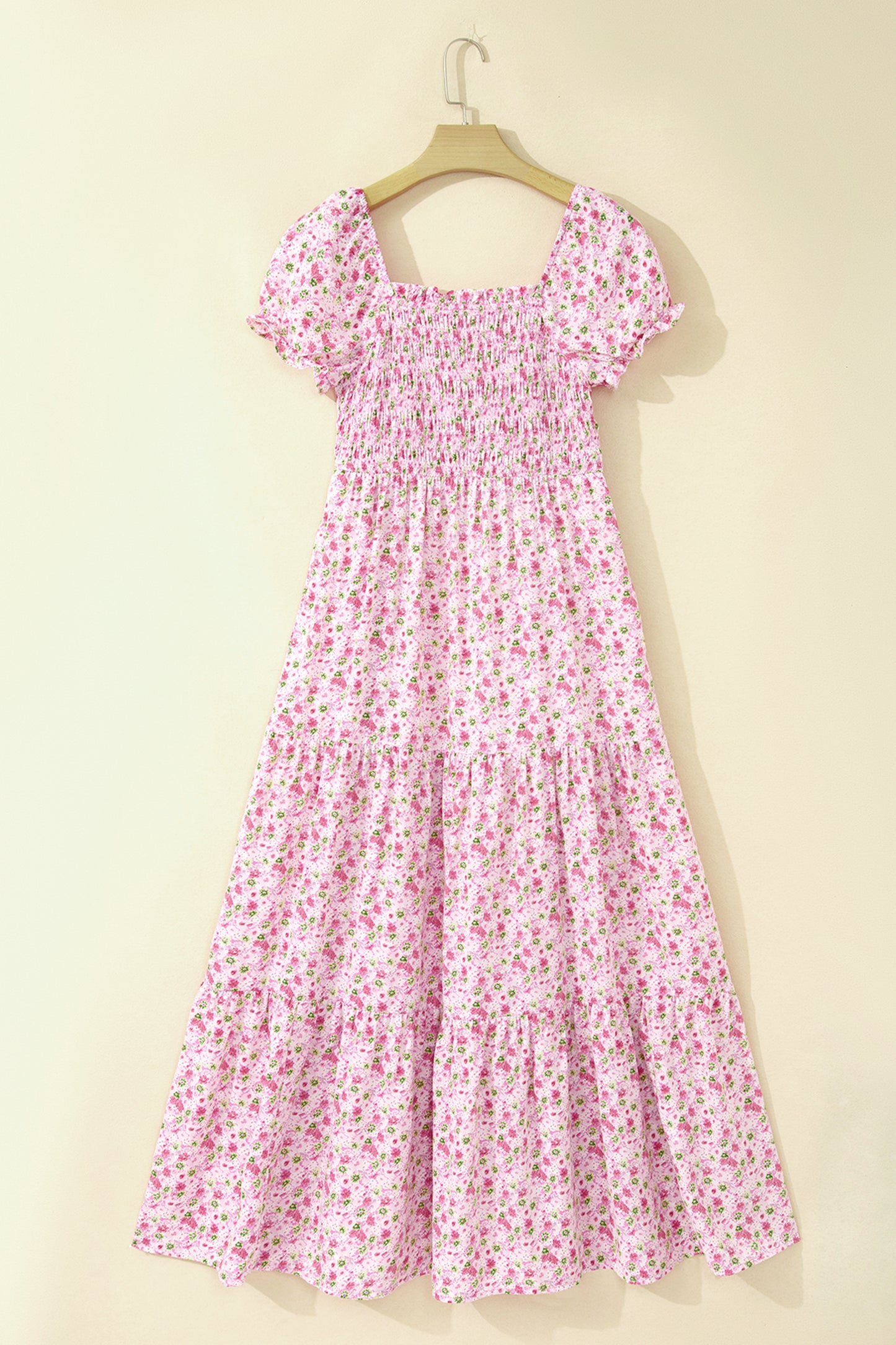 Floral Short Bubble Sleeve Shirred High Waist Maxi Dress