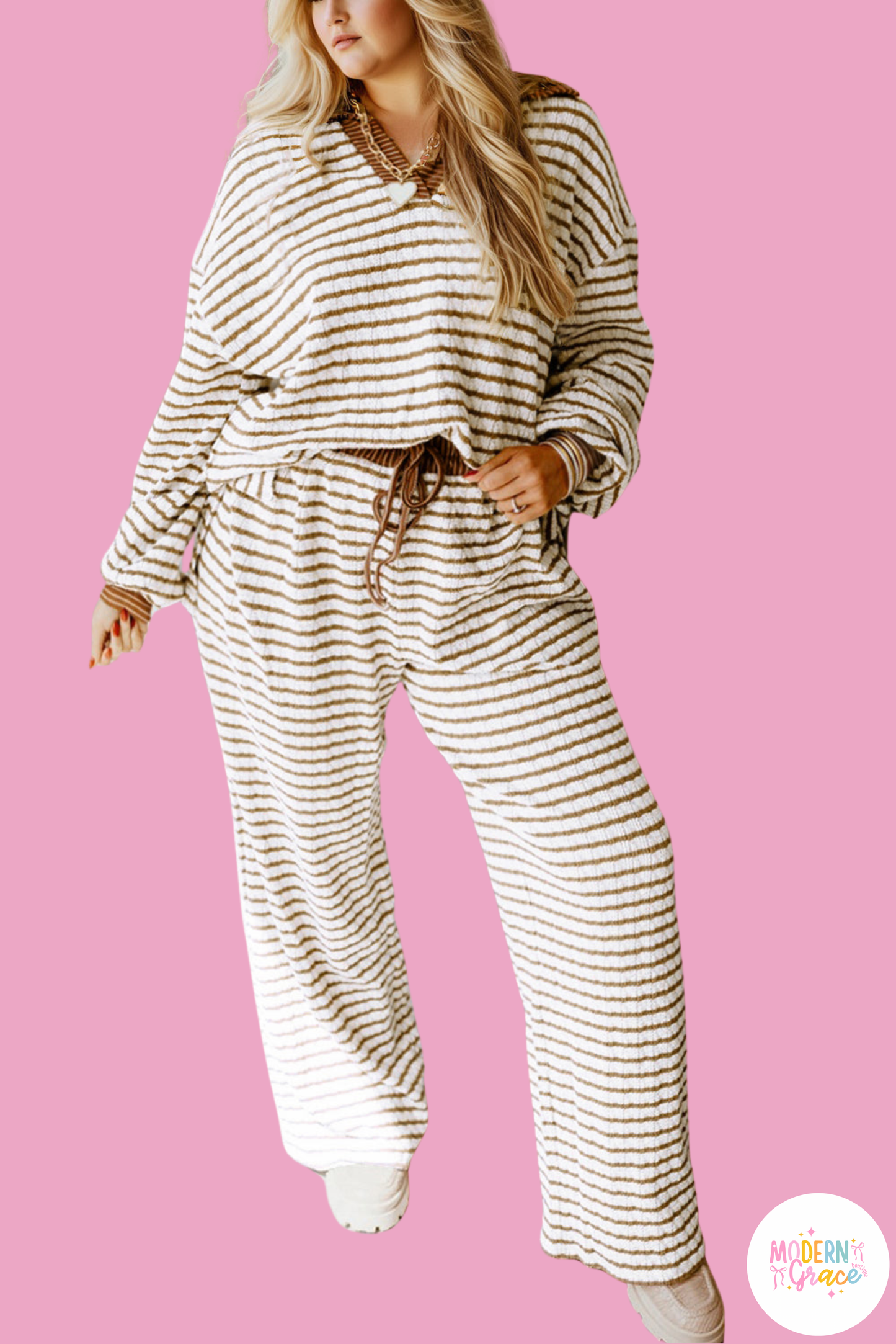Plus size khaki stripe V-neck loose pant set by Modern Grace featuring a collared top and matching wide-leg pants.