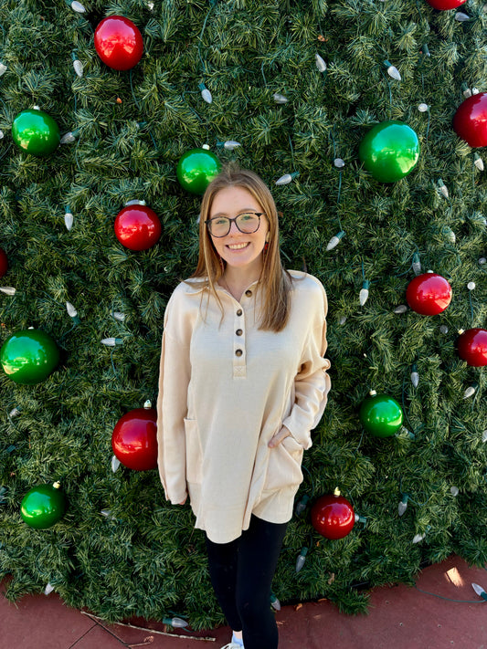 Khaki Waffle Knit Top with Pockets