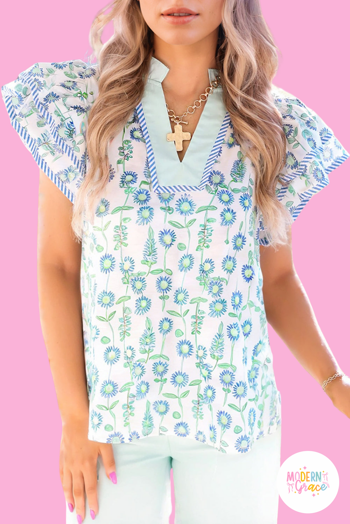 Floral Print Striped Detail Contrast V Neck Patchwork Flutter Sleeve Blouse (Warehouse Exclusives)