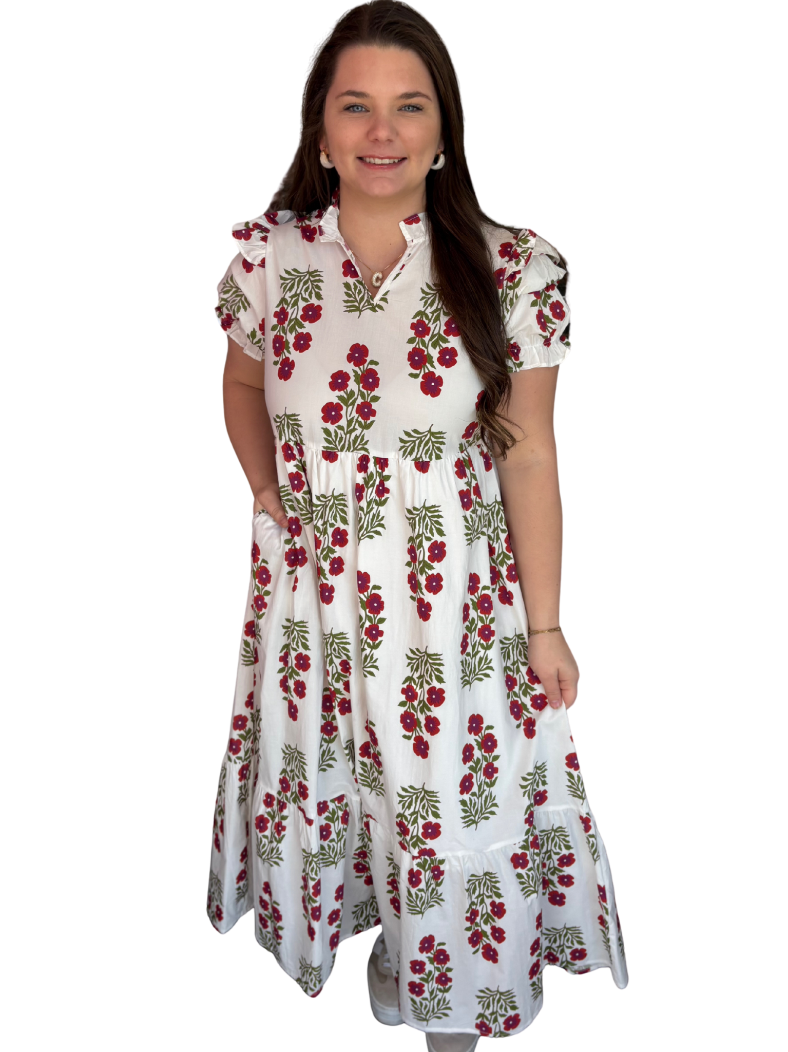 Beige floral maxi dress with short bubble sleeves and tiered design from Modern Grace, shown with flowing fabric and floral print.