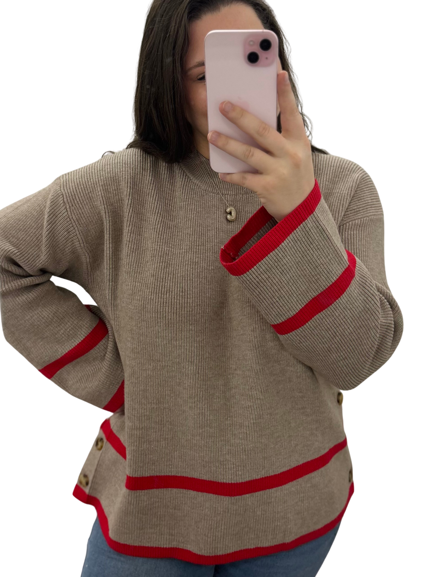 Taupe Ribbed Red Stripe Sweater