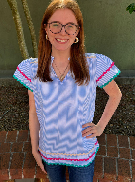 Sky Blue Stripe Ricrac Trim Blouse