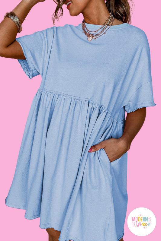 Sky Blue Solid Color Pocketed Raw Edge Babydoll Dress