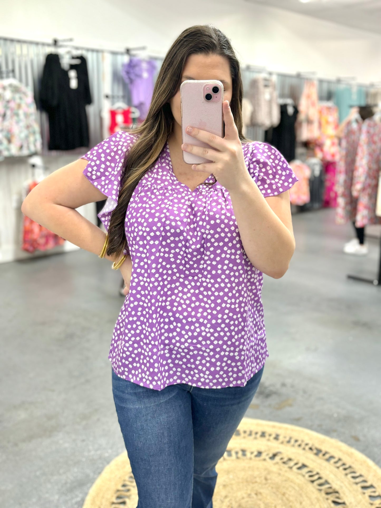 Purple Floral Ruffle Sleeve Top