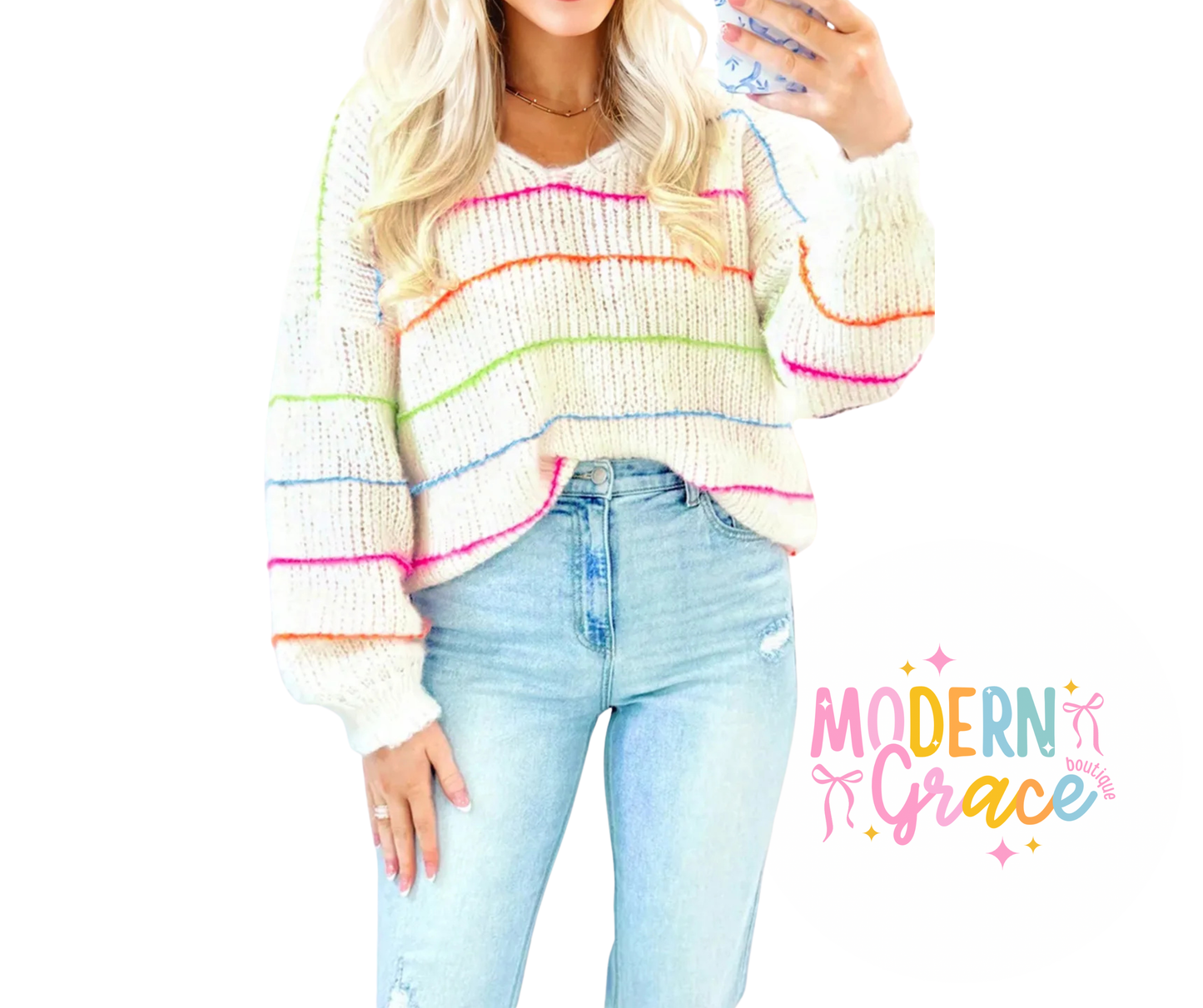 White Colorful Striped V Neck Drop Shoulder Baggy Sweater