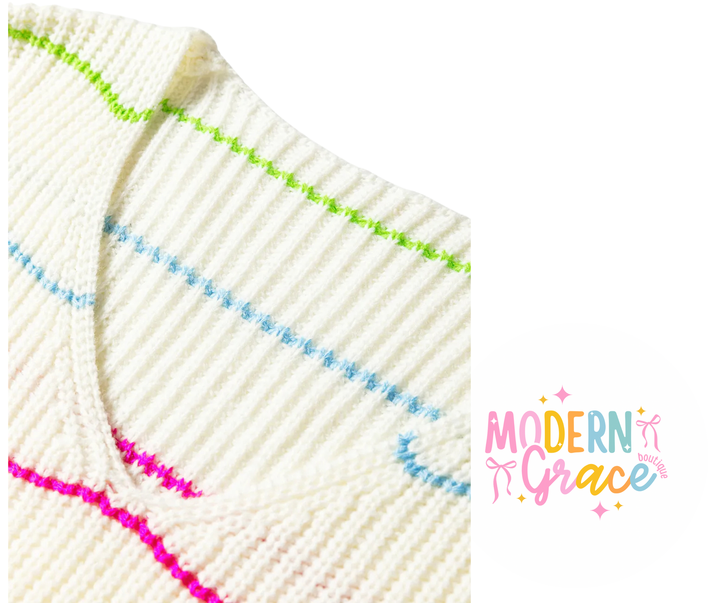 White Colorful Striped V Neck Drop Shoulder Baggy Sweater