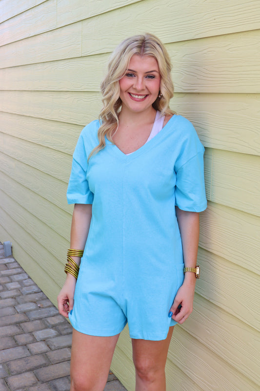 Sky Blue V or Scoop Neck Reversible 2-Way Romper with Pockets