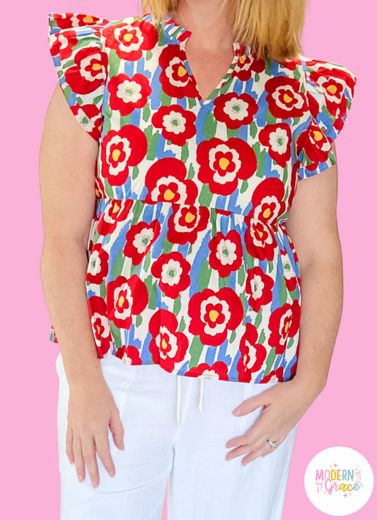 Red Plus Size Floral Print Ruffle Trim Split Neck Peplum Top