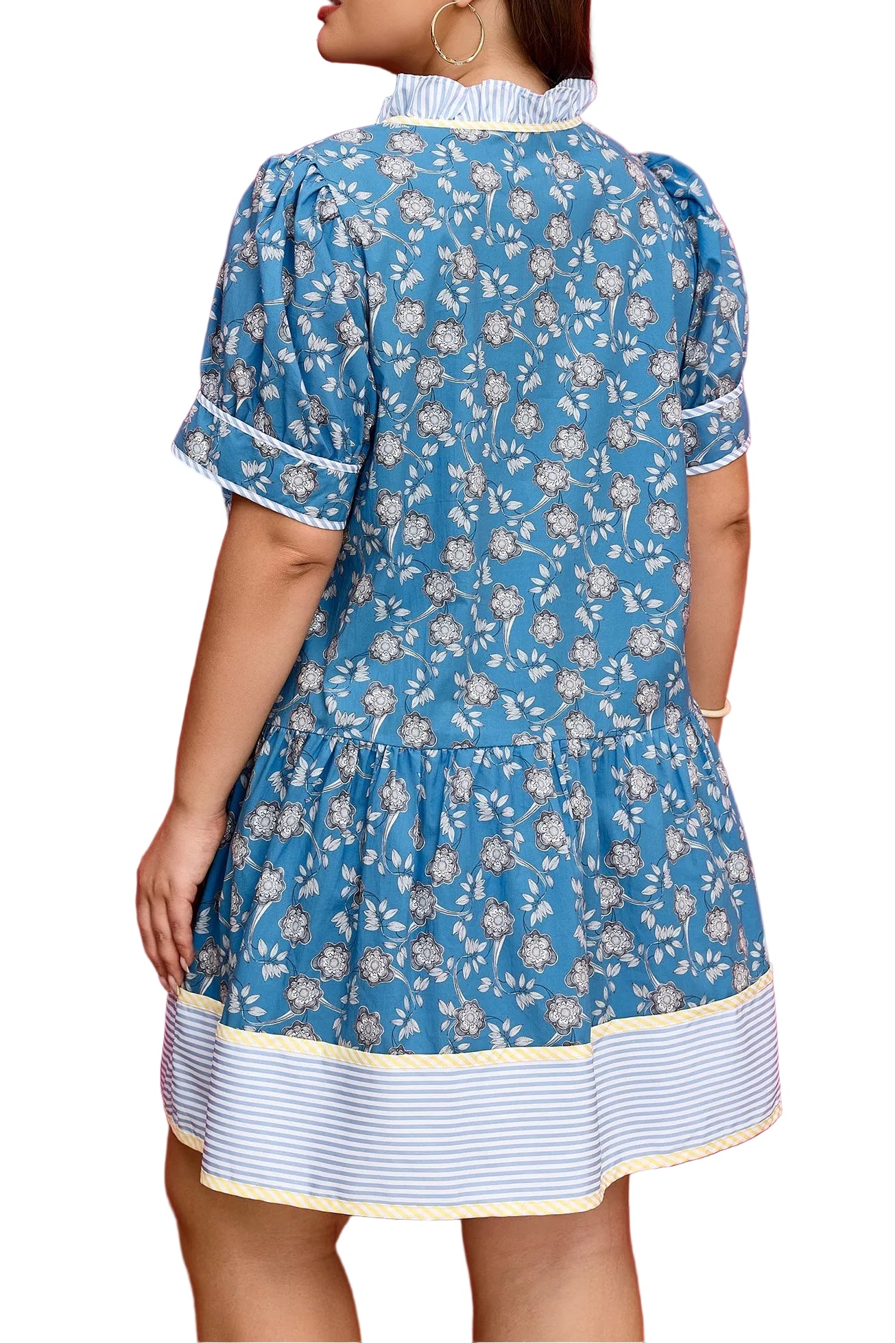 Plus size floral print striped patchwork dress by Modern Grace with ruffle hem and button front, featuring vibrant blue colors.