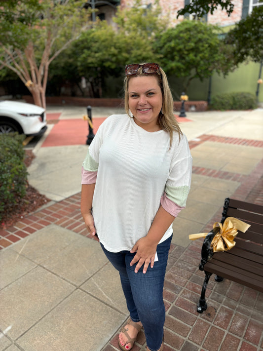 WHITE TEXTURED COLOR BLOCKED TOP (All sizes small-3X)