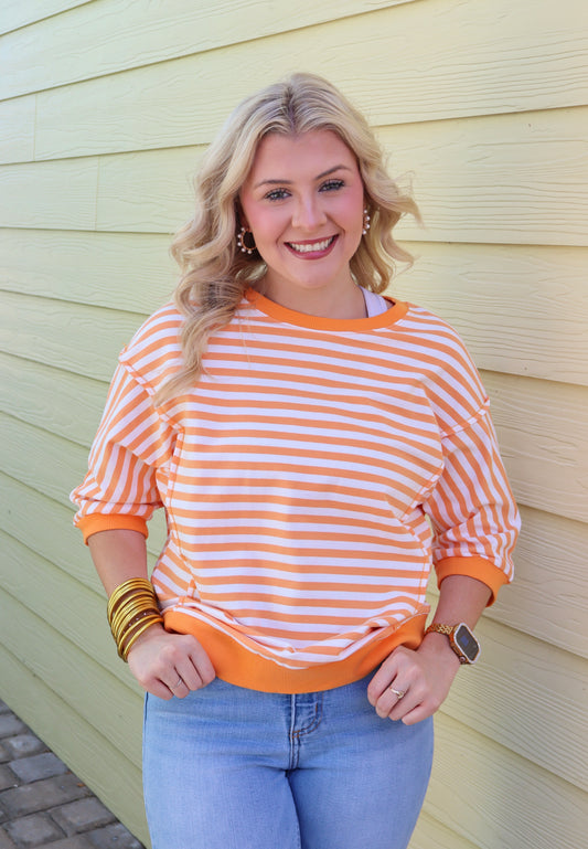 Orange Stripe 3/4 Sleeve Exposed Seam Patchwork Pullover Top